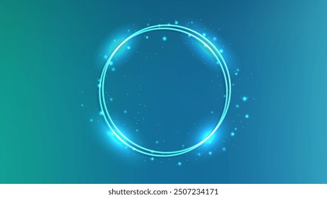 Neon double circle frame with shining effects and sparkles on green background. Empty glowing techno backdrop. Vector illustration