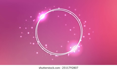 Marco de doble círculo de neón con efectos brillantes y destellos sobre fondo rosa. Fondo techno brillante vacío. Ilustración vectorial