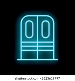 Puerta doble de neón con la parte superior redondeada y las ventanas que brillan azul sobre fondo negro
