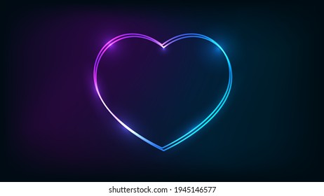 Neon double frame in heart form with shining effects on dark background. Empty glowing techno backdrop. Vector illustration.