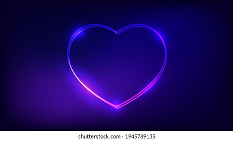 Neon double frame in heart form with shining effects on dark background. Empty glowing techno backdrop. Vector illustration.