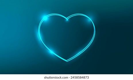 Marco doble de neón en forma de corazón con efectos brillantes sobre fondo azul oscuro. Fondo tecno resplandeciente vacío. Ilustración vectorial