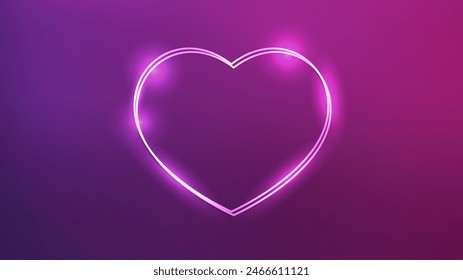 Neon double frame in heart form with shining effects on dark purple background. Empty glowing techno backdrop. Vector illustration