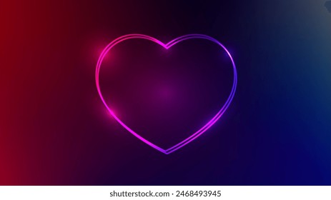 Neon double frame in heart form with shining effects on dark purple background. Empty glowing techno backdrop. Vector illustration