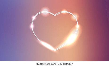 Neon double frame in heart form with shining effects on brown background. Empty glowing techno backdrop. Vector illustration