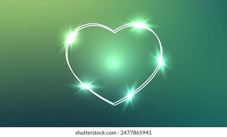 Neon double frame in heart form with shining effects on green background. Empty glowing techno backdrop. Vector illustration