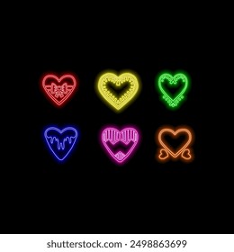 Neon double frame in heart form with shining effects on dark background. Empty glowing techno backdrop. Vector illustration.