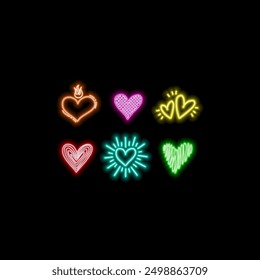 Neon double frame in heart form with shining effects on dark purple background. Empty glowing techno backdrop. Vector illustration.