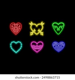 Neon double frame in heart form with shining effects on dark blue background. Empty glowing techno backdrop. Vector illustration.