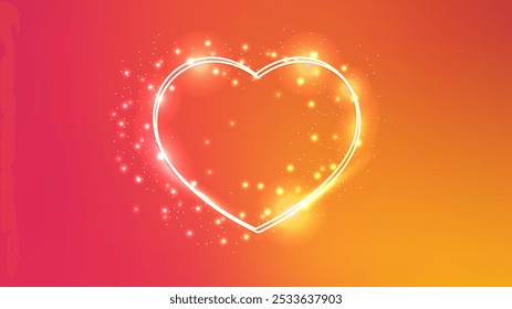 Cadre double néon en forme de coeur avec effets brillants et scintillements sur fond orange. Arrière-plan techno scintillant vide. Illustration vectorielle