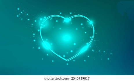 Neon double frame in heart form with shining effects and sparkles on green background. Empty glowing techno backdrop. Vector illustration