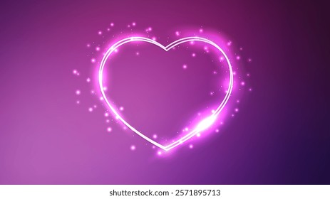 Neon double frame in heart form with shining effects and sparkles on pink background. Empty glowing techno backdrop. Vector illustration