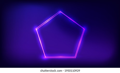 Neon double frame in pentagon form with shining effects on dark background. Empty glowing techno backdrop. Vector illustration.