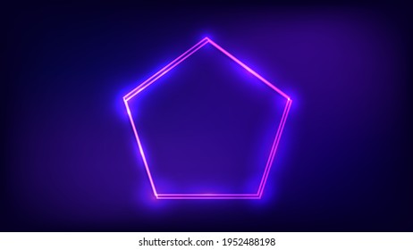 Neon double frame in pentagon form with shining effects on dark background. Empty glowing techno backdrop. Vector illustration.