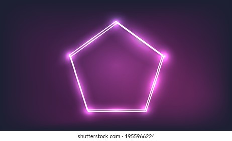 Neon double frame in pentagon form with shining effects on dark background. Empty glowing techno backdrop. Vector illustration.