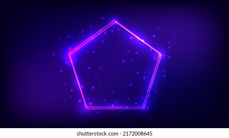 Marco doble neón en forma de pentágono con efectos brillantes y destellos en el fondo oscuro. Fondo tecno brillante vacío. Ilustración del vector