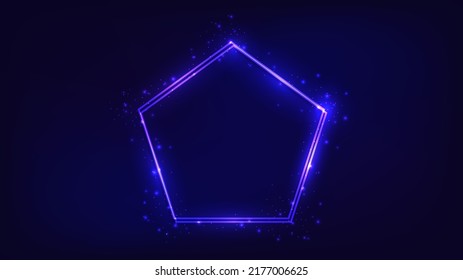 Neon double frame in pentagon form with shining effects and sparkles on dark background. Empty glowing techno backdrop. Vector illustration