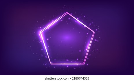 Marco doble neón en forma de pentágono con efectos brillantes y destellos en el fondo oscuro. Fondo tecno brillante vacío. Ilustración del vector