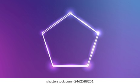 Neon double frame in pentagon form with shining effects on blue background. Empty glowing techno backdrop. Vector illustration