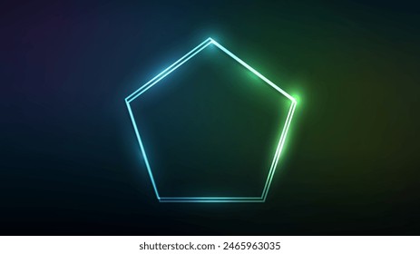 Neon double frame in pentagon form with shining effects on dark green background. Empty glowing techno backdrop. Vector illustration