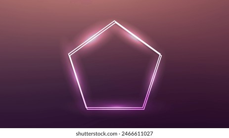 Neon double frame in pentagon form with shining effects on brown background. Empty glowing techno backdrop. Vector illustration