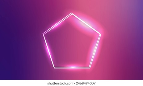 Neon double frame in pentagon form with shining effects on purple background. Empty glowing techno backdrop. Vector illustration