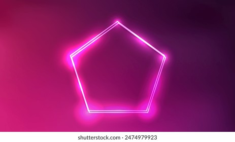 Neon double frame in pentagon form with shining effects on pink background. Empty glowing techno backdrop. Vector illustration