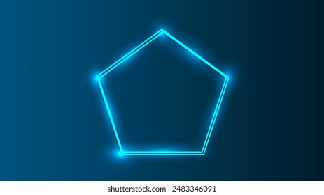 Neon double frame in pentagon form with shining effects on dark blue background. Empty glowing techno backdrop. Vector illustration