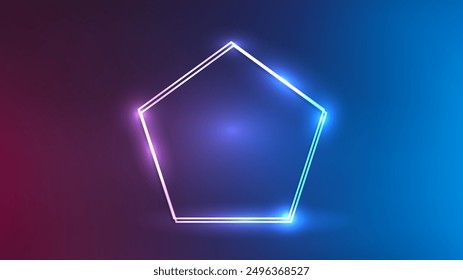 Neon double frame in pentagon form with shining effects on purple background. Empty glowing techno backdrop. Vector illustration