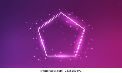 Neon duplo quadro em forma de pentágono com efeitos brilhantes e brilhos no fundo rosa. Fundo de tecno brilhante vazio. Ilustração vetorial