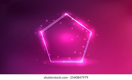 Neon duplo quadro em forma de pentágono com efeitos brilhantes e brilhos no fundo rosa. Fundo de tecno brilhante vazio. Ilustração vetorial