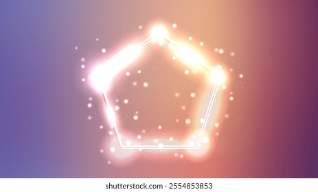 Neon double frame in pentagon form with shining effects and sparkles on brown background. Empty glowing techno backdrop. Vector illustration