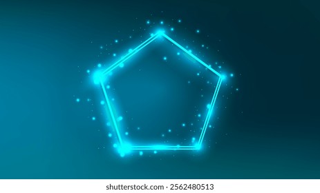 Neon double frame in pentagon form with shining effects and sparkles on dark green background. Empty glowing techno backdrop. Vector illustration