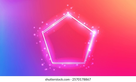 Neon double frame in pentagon form with shining effects and sparkles on multicolor background. Empty glowing techno backdrop. Vector illustration