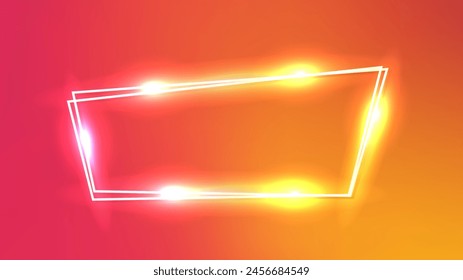 Neon double frame with shining effects on orange background. Empty glowing techno backdrop. Vector illustration