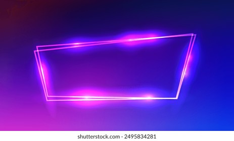 Marco doble de neón con efectos brillantes sobre fondo púrpura. Fondo techno brillante vacío. Ilustración vectorial