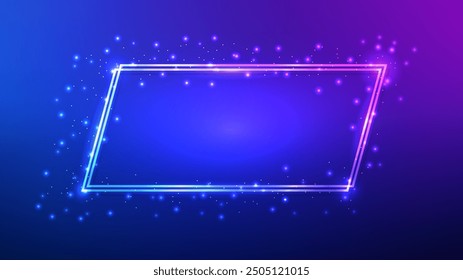 Neon double frame with shining effects and sparkles on dark blue background. Empty glowing techno backdrop. Vector illustration