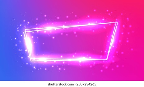 Neon double frame with shining effects and sparkles on blue and pink background. Empty glowing techno backdrop. Vector illustration
