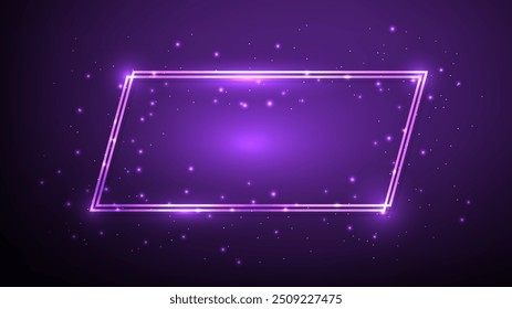 Neon double frame with shining effects and sparkles on dark blue background. Empty glowing techno backdrop. Vector illustration