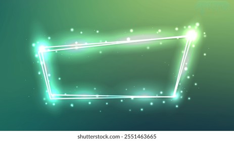 Neon double frame with shining effects and sparkles on dark green background. Empty glowing techno backdrop. Vector illustration