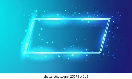 Neon double frame with shining effects and sparkles on blue background. Empty glowing techno backdrop. Vector illustration