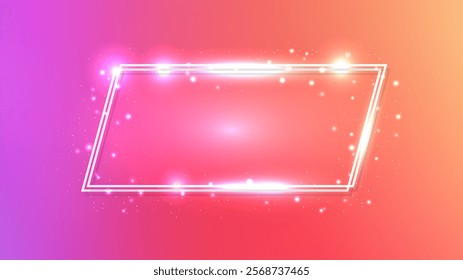 Neon double frame with shining effects and sparkles on orange background. Empty glowing techno backdrop. Vector illustration