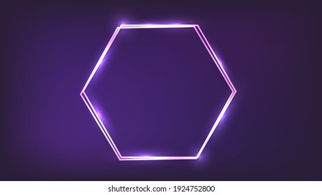 Neon double hexagon frame with shining effects on dark background. Empty glowing techno backdrop. Vector illustration.