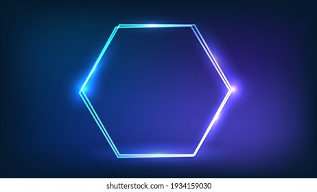 Neon double hexagon frame with shining effects on dark background. Empty glowing techno backdrop. Vector illustration.