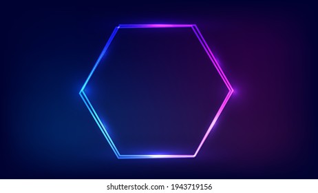 Neon-Doppelhexagon-Rahmen mit leuchtenden Effekten auf dunklem Hintergrund. Leere leuchtende Techno-Hintergrund. Vektorgrafik.