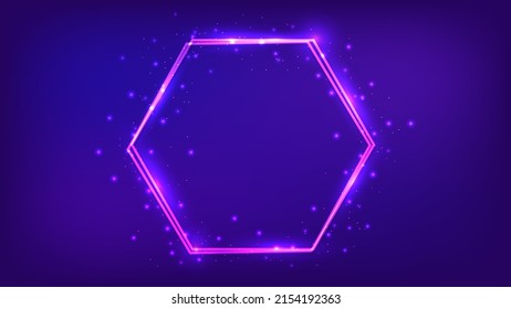 Neon double hexagon frame with shining effects and sparkles on dark background. Empty glowing techno backdrop. Vector illustration