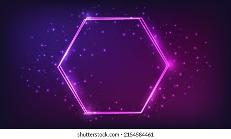 Marco de doble hexágono neón con efectos brillantes y destellos sobre el fondo oscuro. Fondo tecno brillante vacío. Ilustración del vector