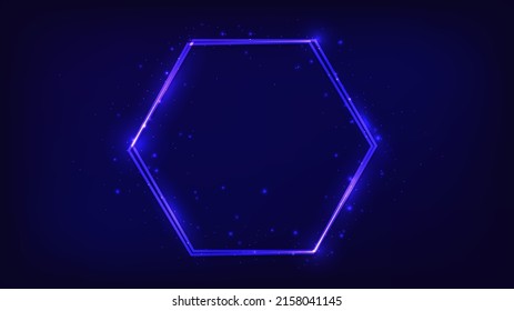 Neon double hexagon frame with shining effects and sparkles on dark background. Empty glowing techno backdrop. Vector illustration
