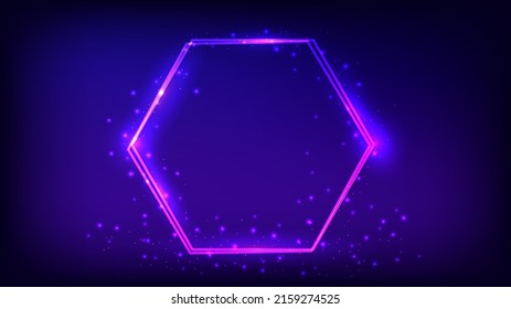 Marco de doble hexágono neón con efectos brillantes y destellos sobre el fondo oscuro. Fondo tecno brillante vacío. Ilustración del vector