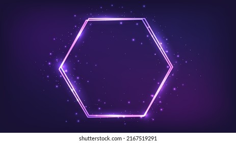 Neon double hexagon frame with shining effects and sparkles on dark background. Empty glowing techno backdrop. Vector illustration